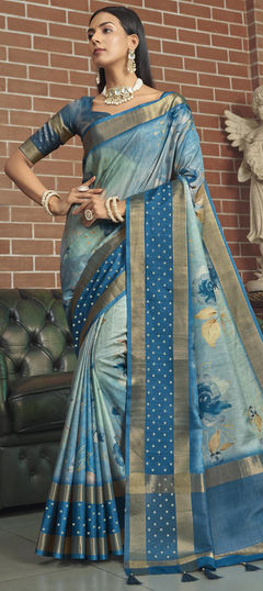 Blue color Saree in Chanderi Silk, Silk fabric with Gota Patti, Printed work