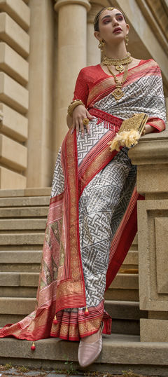 Red and Maroon, White and Off White color Saree in Art Silk fabric with Bandhej, Stone, Thread work