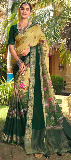 Festive, Traditional Green color Saree in Silk fabric with South Floral, Printed, Weaving, Zari work : 1927301