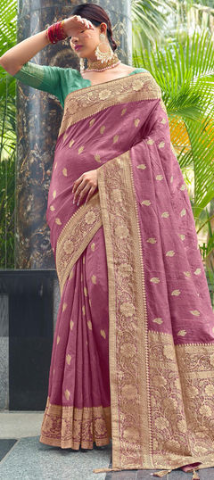 Purple and Violet color Saree in Silk fabric with Floral, Thread, Zari work