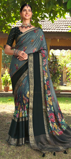 Festive, Traditional Black and Grey color Saree in Silk fabric with South Floral, Printed, Weaving, Zari work : 1927306