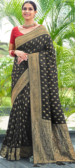 Black and Grey color Saree in Silk fabric with Floral, Thread, Zari work