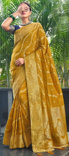 Yellow color Saree in Silk fabric with Floral, Thread, Zari work