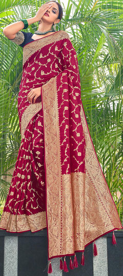 Pink and Majenta color Saree in Silk fabric with Floral, Thread, Zari work