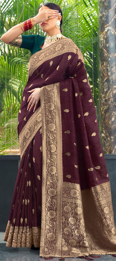 Purple and Violet color Saree in Silk fabric with Floral, Thread, Zari work