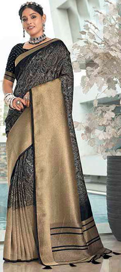 Black and Grey color Saree in Silk fabric with Printed, Weaving work