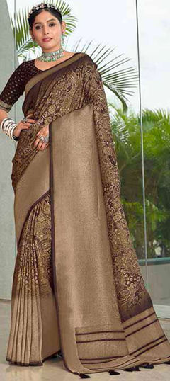 Beige and Brown color Saree in Silk fabric with Printed, Weaving work