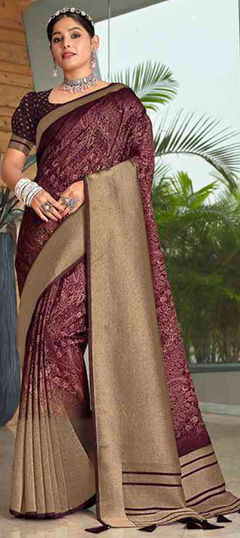 Purple and Violet color Saree in Silk fabric with Printed, Weaving work