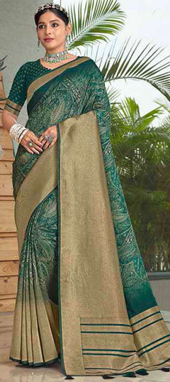 Green color Saree in Silk fabric with Printed, Weaving work