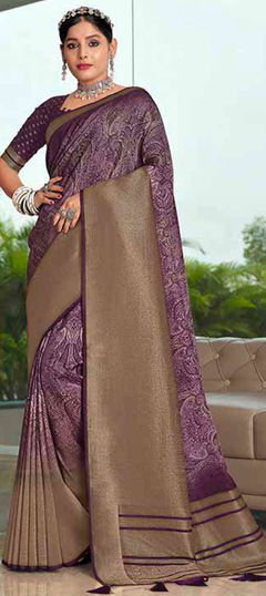 Purple and Violet color Saree in Silk fabric with Printed, Weaving work