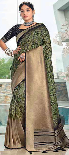 Green color Saree in Silk fabric with Printed, Weaving work