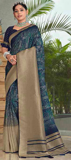 Blue color Saree in Silk fabric with Printed, Weaving work