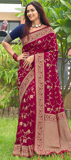 Red and Maroon color Saree in Silk fabric with Embroidered, Weaving, Zari work