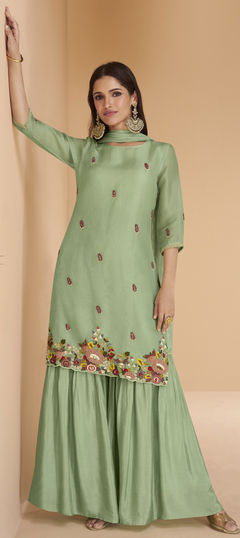 Green color Salwar Kameez in Organza Silk fabric with Embroidered, Thread, Zardozi, Zari work