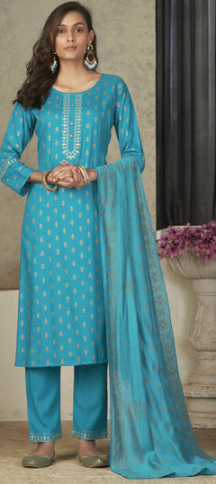 Festive, Party Wear, Reception Blue color Salwar Kameez in Rayon fabric with Straight Printed work : 1927341