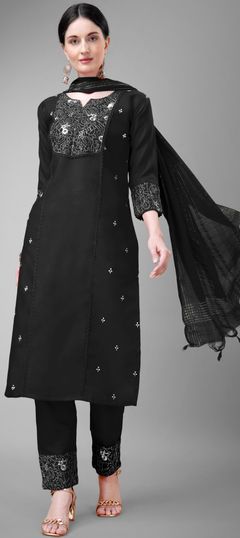 Casual, Party Wear Black and Grey color Salwar Kameez in Blended Cotton fabric with Straight Embroidered, Lace work : 1927343