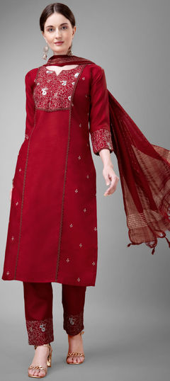 Casual, Party Wear Red and Maroon color Salwar Kameez in Blended Cotton fabric with Straight Embroidered, Lace work : 1927344