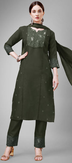 Casual, Party Wear Green color Salwar Kameez in Blended Cotton fabric with Straight Embroidered, Lace work : 1927346