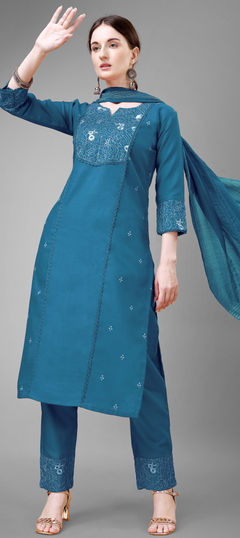 Casual, Party Wear Blue color Salwar Kameez in Blended Cotton fabric with Straight Embroidered, Lace work : 1927349