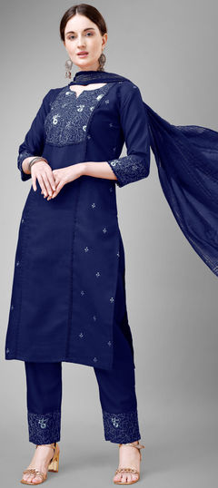 Casual, Party Wear Blue color Salwar Kameez in Blended Cotton fabric with Straight Embroidered, Lace work : 1927356