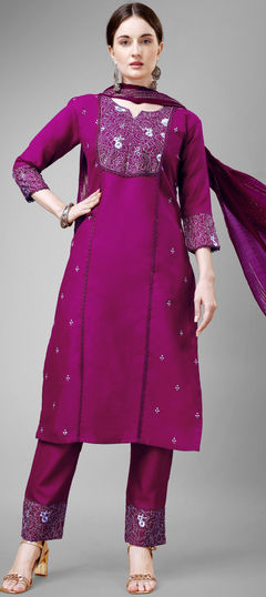 Pink and Majenta color Salwar Kameez in Blended Cotton fabric with Embroidered, Lace work