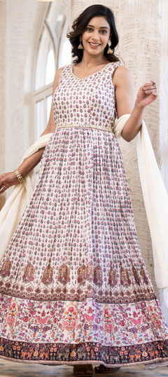 White and Off White color Gown in Art Silk fabric with Mirror, Printed work