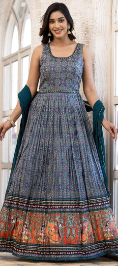 Blue color Gown in Art Silk fabric with Mirror, Printed work