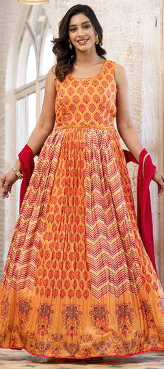 Orange color Gown in Art Silk fabric with Mirror, Printed work