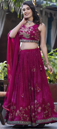 Pink and Majenta color Ready to Wear Lehenga in Silk fabric with Floral, Printed, Sequence, Thread work