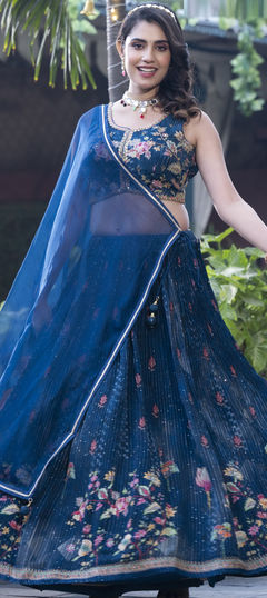 Blue color Ready to Wear Lehenga in Silk fabric with Floral, Printed, Sequence, Thread work