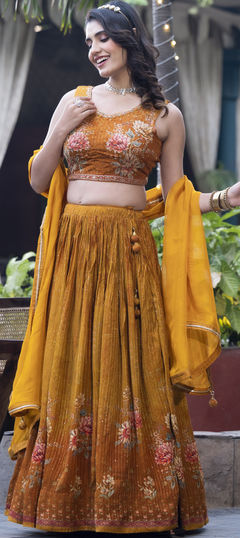 Yellow color Ready to Wear Lehenga in Silk fabric with Floral, Printed, Sequence, Thread work