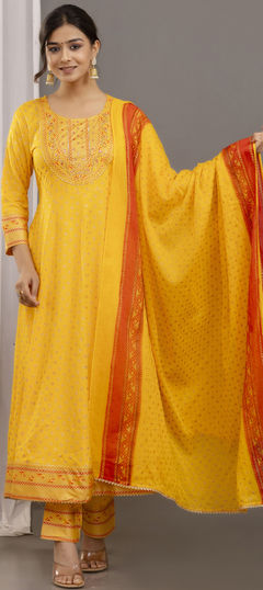 Yellow color Salwar Kameez in Rayon fabric with Embroidered, Mirror, Printed, Thread work