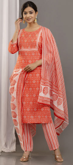 Orange color Salwar Kameez in Rayon fabric with Embroidered, Mirror, Printed, Thread work