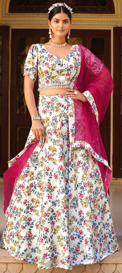 Engagement, Festive, Reception White and Off White color Lehenga in Silk fabric with A Line Floral, Printed work : 1927529