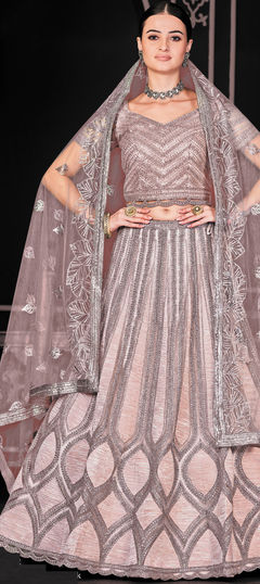 Beige and Brown color Lehenga in Net fabric with Embroidered, Sequence, Thread work
