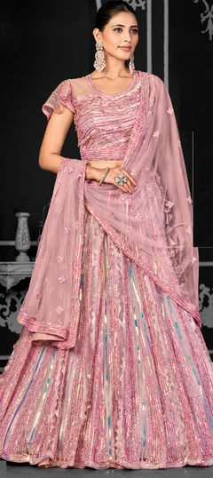 Pink and Majenta color Lehenga in Net fabric with Embroidered, Sequence, Thread work