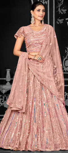 Pink and Majenta color Lehenga in Net fabric with Embroidered, Sequence, Thread work