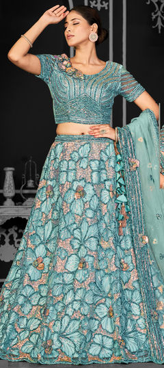 Blue color Lehenga in Net fabric with Embroidered, Sequence, Thread work