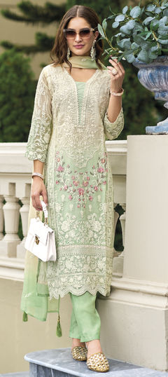 Beige and Brown, Green color Salwar Kameez in Organza Silk fabric with Embroidered, Ombre, Resham, Sequence, Thread work