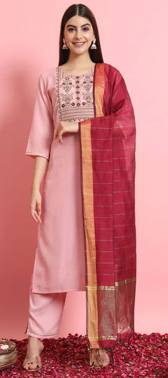 Pink and Majenta color Salwar Kameez in Blended, Silk fabric with Embroidered, Resham, Thread work