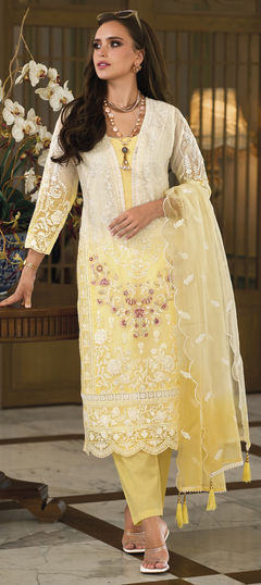 Beige and Brown, Yellow color Salwar Kameez in Organza Silk fabric with Embroidered, Ombre, Resham, Sequence, Thread work