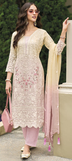 Beige and Brown, Pink and Majenta color Salwar Kameez in Organza Silk fabric with Embroidered, Ombre, Resham, Sequence, Thread work