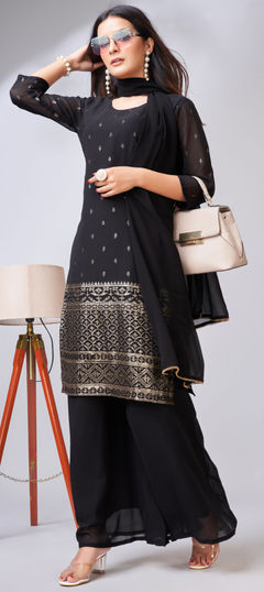 Black and Grey color Salwar Kameez in Georgette fabric with Embroidered, Sequence, Thread work