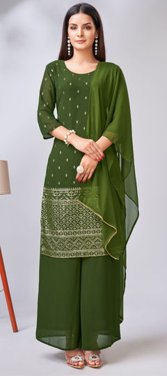 Green color Salwar Kameez in Georgette fabric with Embroidered, Sequence, Thread work