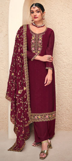 Red and Maroon color Salwar Kameez in Georgette fabric with Embroidered, Resham, Sequence, Thread, Zari work