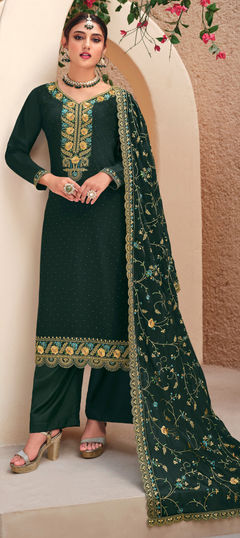 Green color Salwar Kameez in Georgette fabric with Embroidered, Resham, Sequence, Thread, Zari work