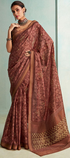 Beige and Brown color Saree in Jute, Silk fabric with Printed, Weaving work