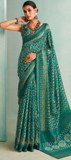 Green color Saree in Jute, Silk fabric with Printed, Weaving work