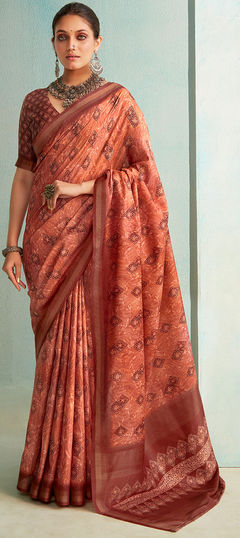 Beige and Brown color Saree in Jute, Silk fabric with Printed, Weaving work