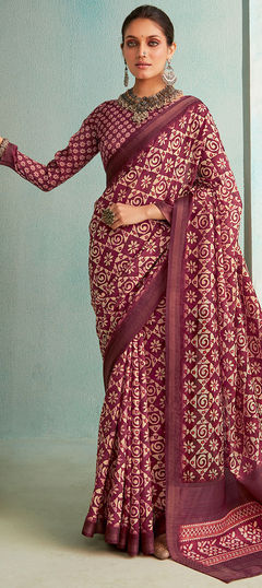 Purple and Violet color Saree in Jute, Silk fabric with Printed, Weaving work